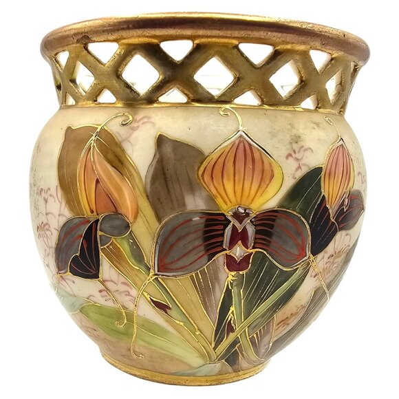 Antique 1893 Robert Hanke Porcelain Vase Lattice Rim Orchid Butterfly Design - Picture 1 of 16